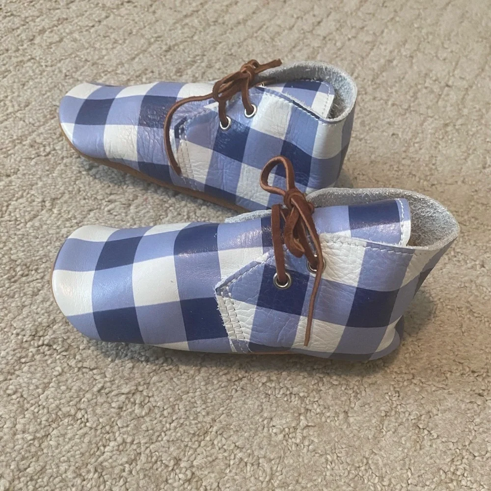 NEW Mon Petit Leather Blue White Checkered Shoes Size 8 Real Leather